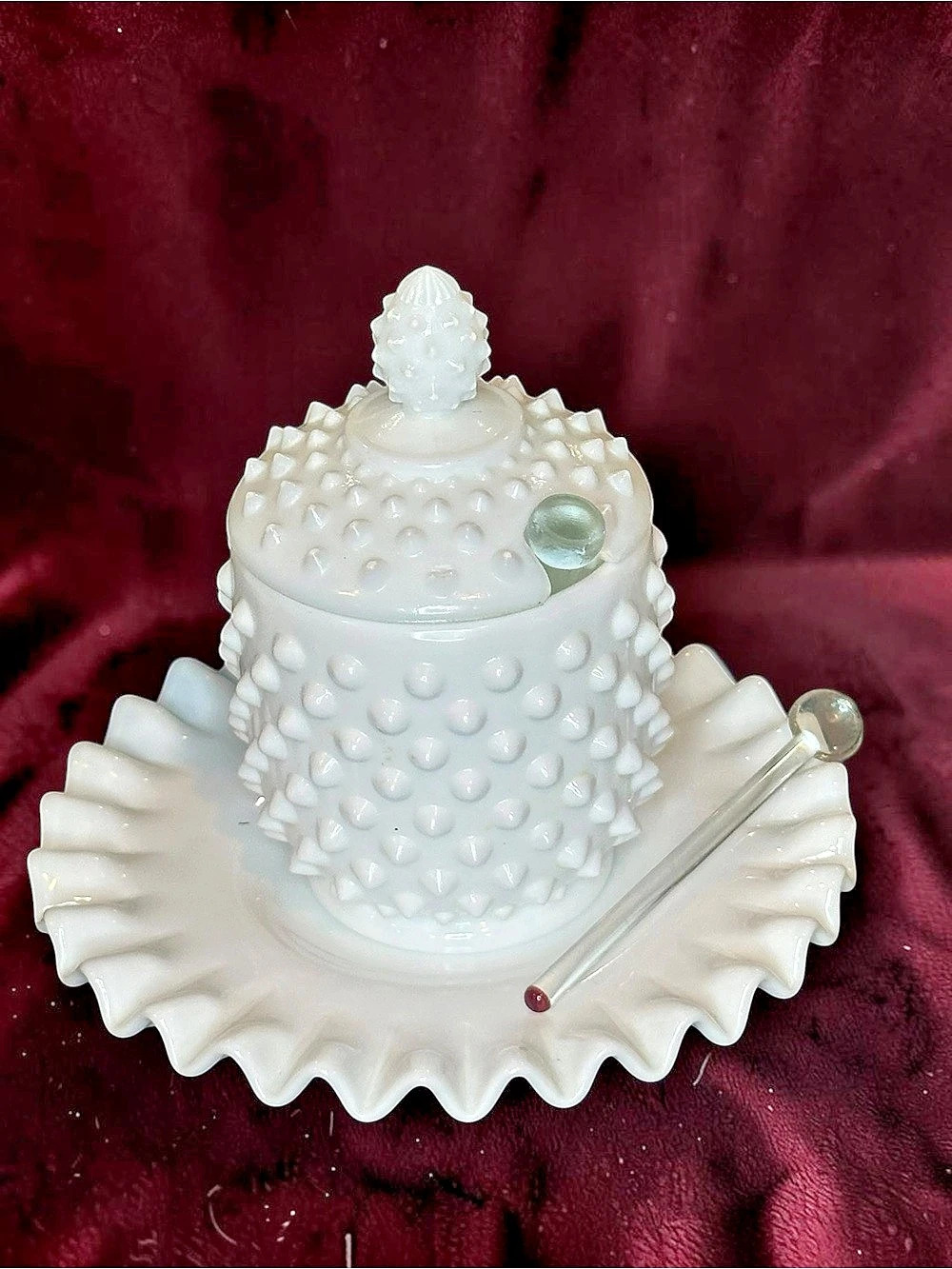 Vintage Fenton Hobnail Milk Glass Jam Jar Set #3903 Lid Ruffled Plate + 2 Spoons